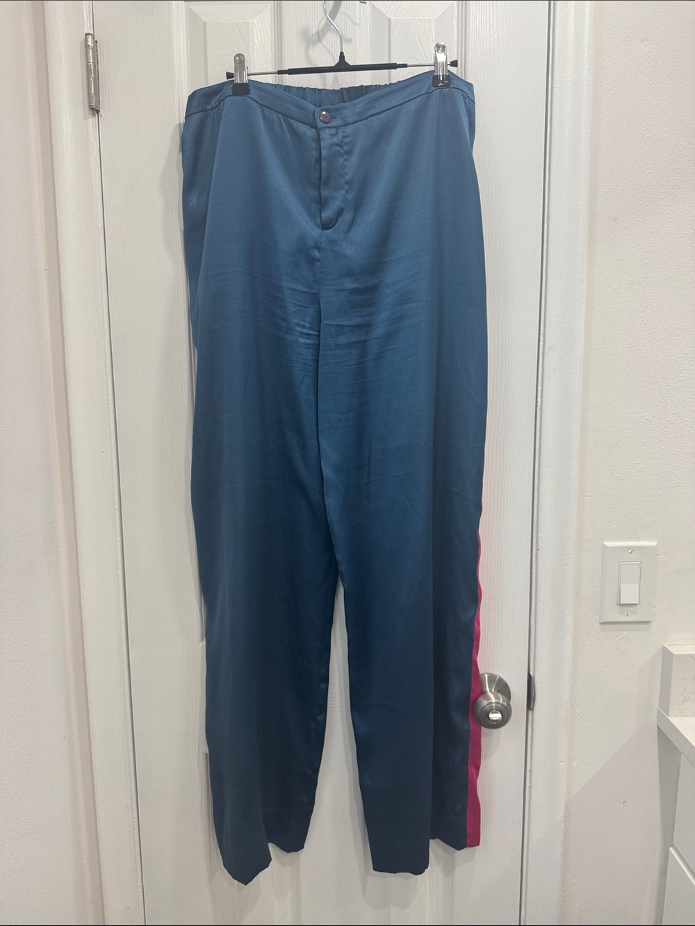 Women's Navy Blue Pants with Pink Side Stripes- feels like Satin!